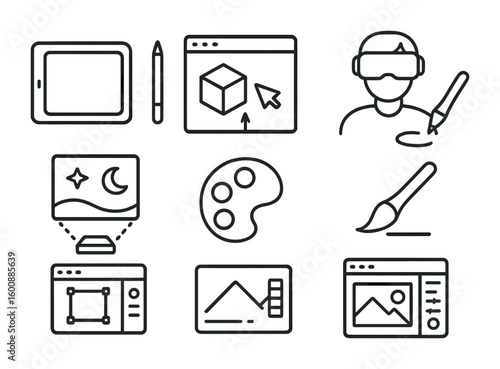 Space Art Tools Icons. Outline icon set of space art tools: digital tablet, stylus, 3D modeling software, VR