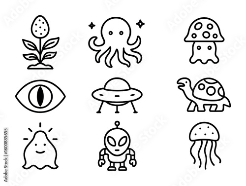Alien Life Icon Set. Outline icon set of alien life forms in art: extraterrestrial plants, cosmic creatures,