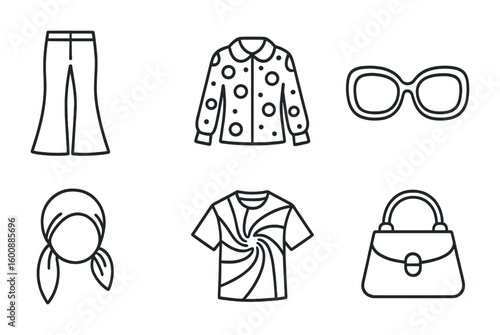 Retro Fashion Icons. Outline icon set of retro styles: bell-bottom pants, platform shoes, polka dot blouse,