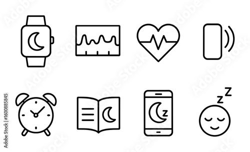 Sleep Tracking Icons. Outline icon set of sleep tracking: smartwatch, sleep graph, heart rate, movement sensor