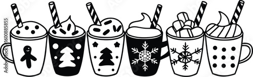 Christmas hot chocolate, cocoa mug, coffee cup, coffee, latte and tea. Beverage cozy set isolated on white background. New Year drink, winter dessert, holiday sweet menu. Cartoon festive vector File.