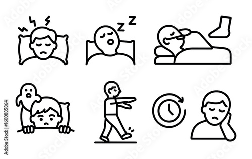 Sleep Disorder Icons. Outline icon set of sleep disorders: insomnia, snoring, sleep apnea, restless legs,
