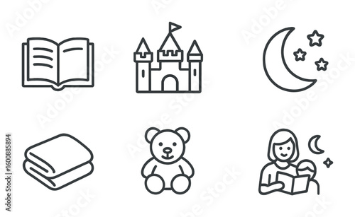 Bedtime Stories Icons. Outline icon set of bedtime stories: open book, fairy tale castle, sleeping child, moon