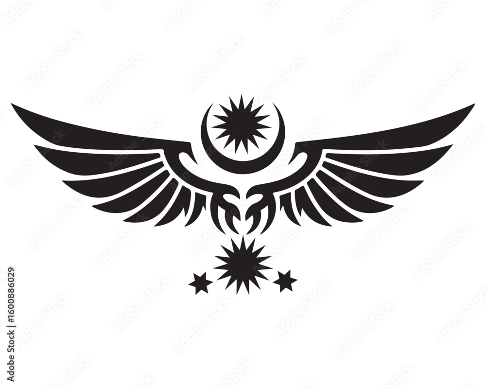 Fototapeta premium Black Winged Crest with Star and Crescent Elements on White Background
