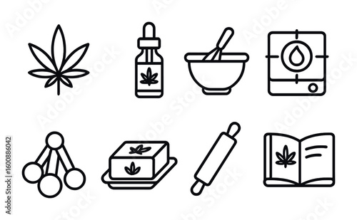 CBD Cooking Icons. Outline icon set of cooking with CBD and cannabis: cannabis leaf, CBD oil dropper, mixing