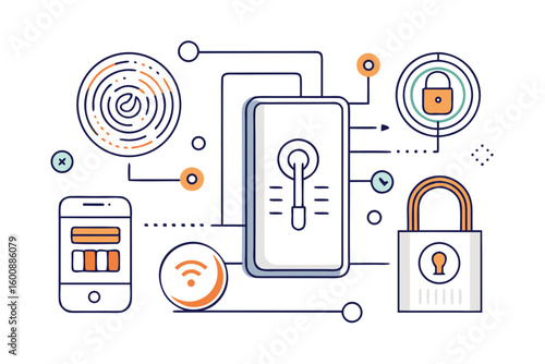 Thin line vector icons of modern door locks featuring fingerprint readers and numeric keypads – perfect for tech security apps and UI.”