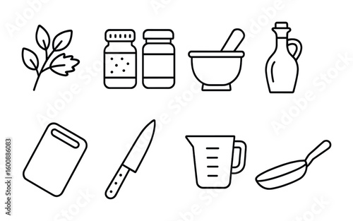 Herbal Cooking Icons. Outline icon set of herbal cooking: fresh herbs, spice jars, mortar and pestle, oil