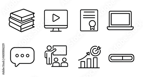 Professional Development Icons. Outline icon set of professional development: books, webinar, certificate,