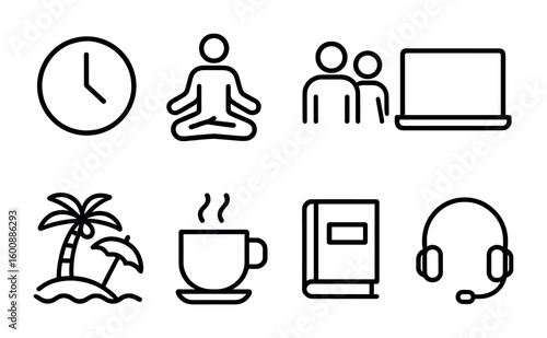 Work-Life Balance Icons. Outline icon set of work-life balance: clock, yoga pose, family, laptop, vacation,