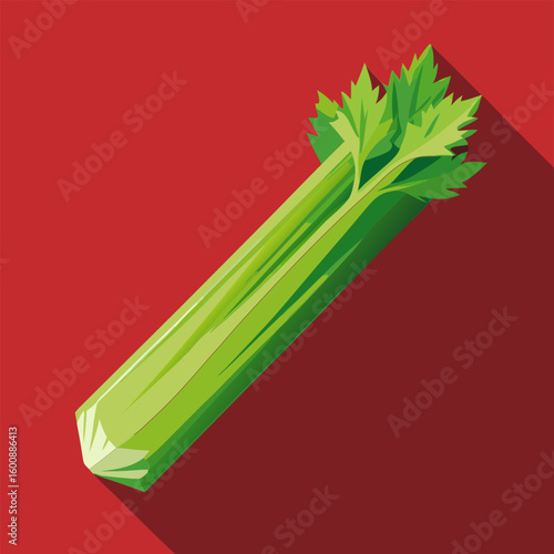 Fresh celery stalk. bright green. displayed against a solid red background. Simple. stylized representation with highlighted texture and shadow. ideal for food illustration projects.