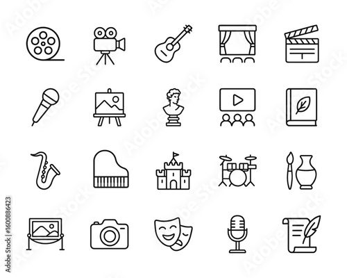 Arts and Culture Line Icon Set – Music, Film, Theater, Photography, Literature & Fine Arts Symbols