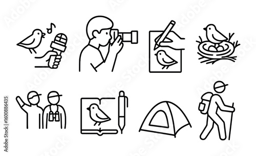 Birdwatching Activity Icons. Outline icon set of birdwatching activities: bird call recording, photography,