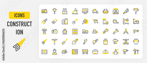Construction icons. Worker, Wall, Scissor Lift, Caliper, Barrier, Design, Concrete Truck, Blueprint, Chainsaw, Paint Roller, Safety Glasses, Bulldozer, Tow vector stroke illustration.	
