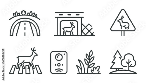 Wildlife Infrastructure Icons. Outline icon set of wildlife-friendly infrastructure: green bridges,