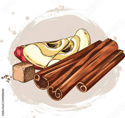 Watercolor illustration with cinnamon sticks, apple slices and a piece of sugar, hand drawn.