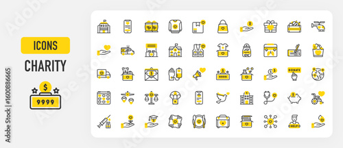 Charity icons. Stethoscope, Give Money, Megaphone, Piggy Bank, Needy, Helping, Medicine, Ngo, Cheque, Toys, World, Vegetables, Donate, Food, Scholarship vector stroke illustration.	

