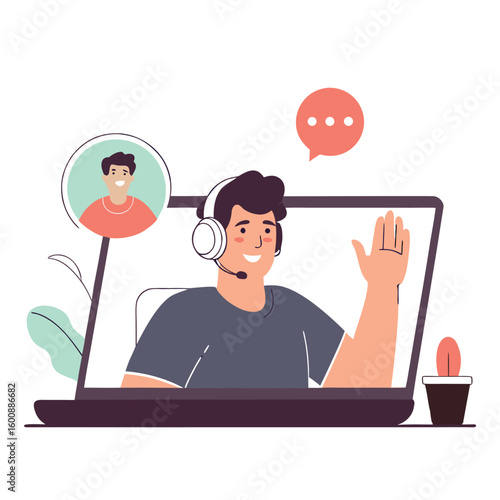 Man with headset on laptop screen waves hello during a video call with another person