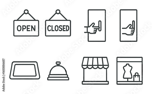 Small Business Icons. Outline icon set of small business signs: open hanging sign, closed hanging sign, push