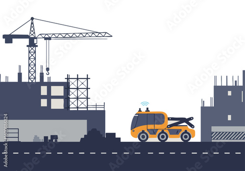 Construction site with a vehicle lifting materials. Modern, minimalist illustration showcasing building progress. Clean, graphic style.