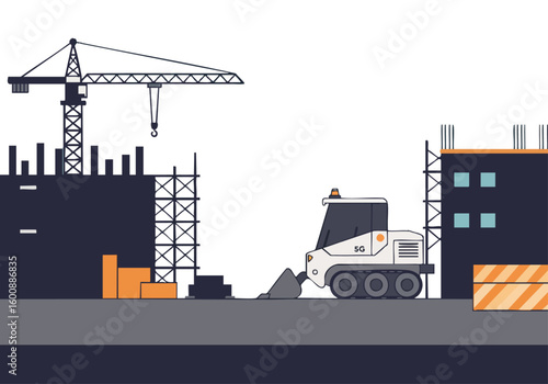 Construction site with a mobile crusher and building under construction. Modern, clean illustration style. Ideal for business and infrastructure themes.