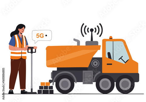 A construction worker uses a 5G device to maintain signal strength near a dump truck. Modern, clean illustration showcasing connectivity and infrastructure. Bright, professional style.