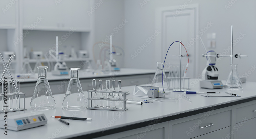 Naklejka premium A clean, bright laboratory workspace with scientific equipment arranged on a white countertop.