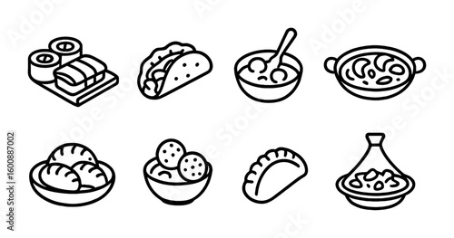Ethnic Dishes Icons. Outline icon set of Ethnic dishes: sushi, tacos, curry, paella, dumplings, falafel,