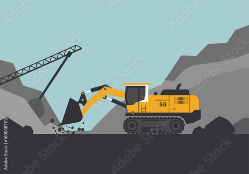 An excavator operates in a quarry, showcasing 5G automation. A modern, industrial scene with a detailed machine and rugged landscape. Clean, flat design.