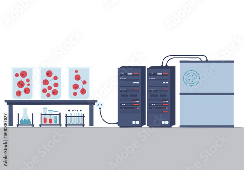 A modern illustration depicts a backup study with lab equipment and server racks, showcasing data analysis and digital storage. Clean, flat design for commercial use.