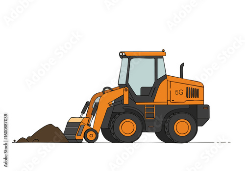 An orange wheel loader sits on 5G Road.  Clean, modern illustration style.  Ideal for construction, equipment, or industrial themes.