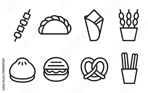 Street Food Icons. Outline icon set of Popular street foods: kebabs, empanadas, crepes, satay, bao buns,