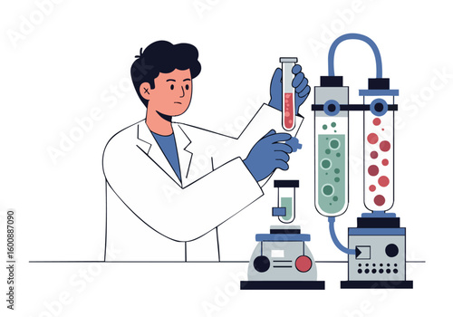 A scientist adjusts a stem in a laboratory setting, examining test tubes. Detailed equipment and a focused expression convey scientific research. Modern illustration style.