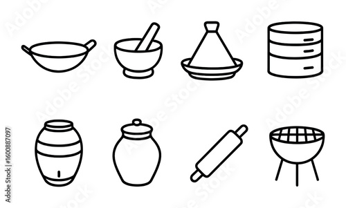 Global Cooking Utensils. Outline icon set of Global cooking utensils: wok, mortar and pestle, tagine pot,