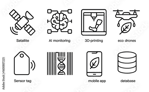 Conservation Tech Icons. Outline icon set of Conservation technology: satellite, AI monitoring, 3D printing