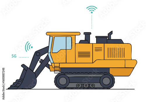 A stylized illustration depicts a yellow excavator equipped with 5G and data sensors, showcasing data automation in construction. Modern, clean design.