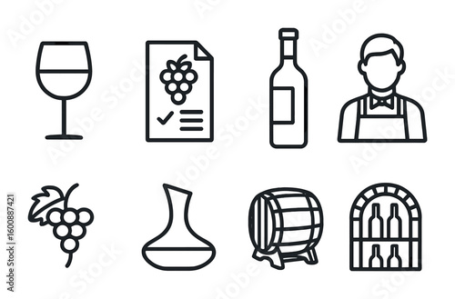Wine Tasting Icons. Outline icon set of wine tasting: wine glass, tasting notes, wine bottle, sommelier,
