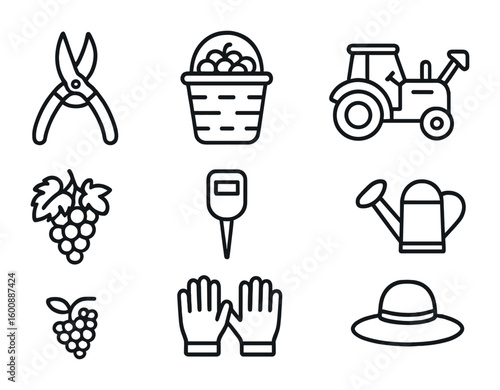 Vineyard Tools Icons. Outline icon set of vineyard tools: pruning shears, grape basket, tractor, watering can,