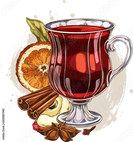 Watercolor sketch of mulled wine with orange, apple slices and spices, cinnamon, anise, cloves.