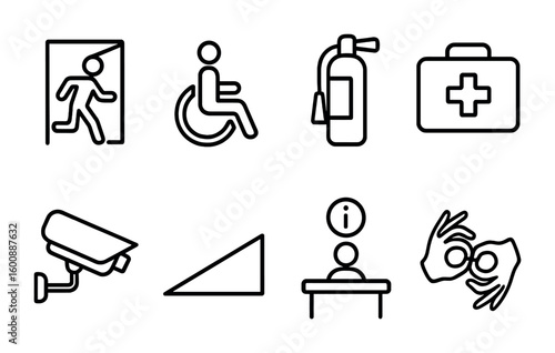 Theater Safety Icons. Outline icon set of Theater safety and accessibility: emergency exit, wheelchair