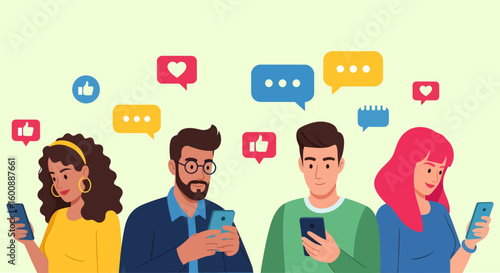 Diverse group using smartphones with social media icons above their heads.