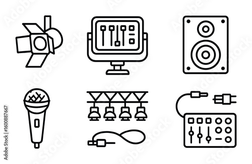 Audio-Visual Equipment Icons. Outline icon set of Lighting and sound systems: spotlight, floodlight, sound