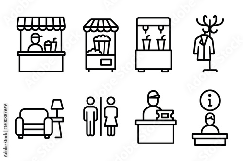 Theater Amenities Icons. Outline icon set of Theater audience amenities: concession stand, popcorn machine,