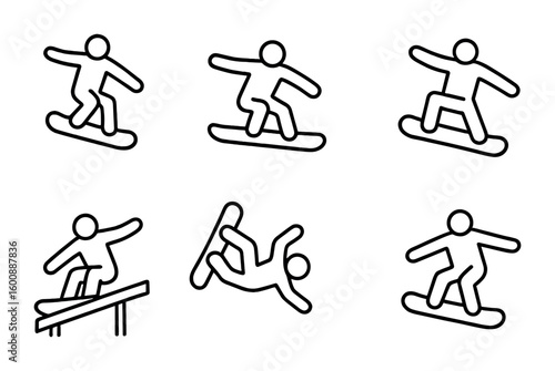 Snowboarding Tricks Icons. Outline icon set of Snowboarding tricks and moves: jump, grind, spin, tail grab,