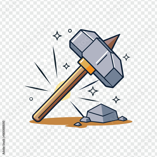 "Cartoon Hammer Breaking Rock: Powerful Tool Illustration"