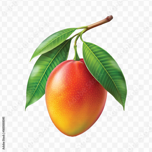 realistic fresh mango hanging from a branch with green leaves in a natural setting isolated on transparent background
