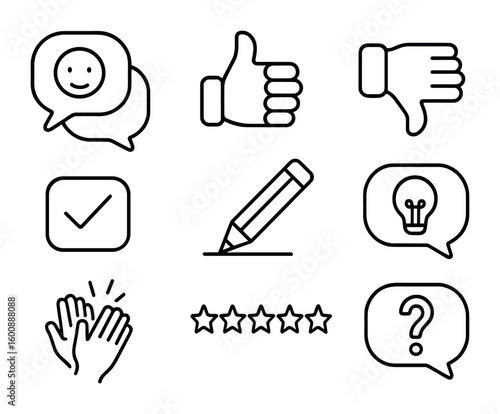 Art Critique Icons Set. Outline icon set of Art critique and feedback: speech bubbles, thumbs up/down, check