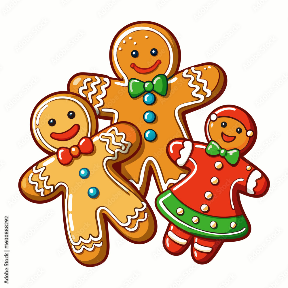 Naklejka premium Gingerbread cookies. Christmas themed. decorative design. in a festive setting. Three figurines with decorative icing. presented together. in a vibrant illustration.