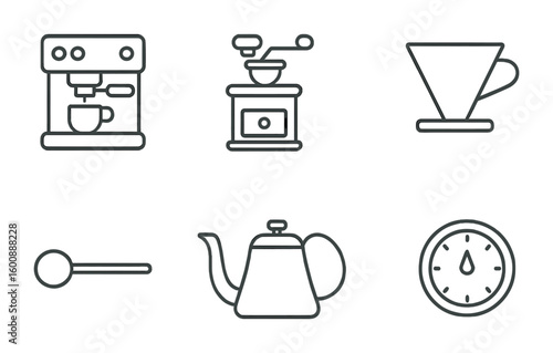 Coffee Tools Icons. Outline icon set of coffee making tools: espresso machine, grinder, milk frother, filter,