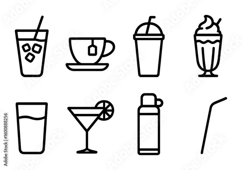 Beverage Line Icons. Outline icon set of beverage options: iced coffee, tea cup, smoothie, milkshake, water