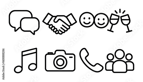 Socializing Icon Set. Outline icon set of relaxed socializing: chat bubbles, handshake, smiley faces, clinking